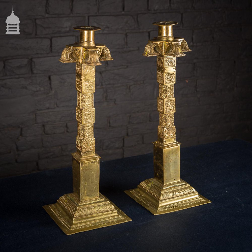 Stunning 19th C Indian Solid Brass Candle Stick Holders