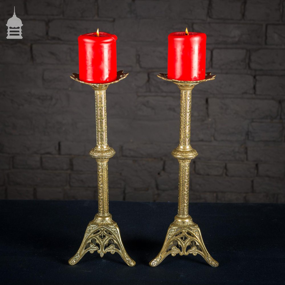 Pair of 19th C Brass Candle Stick Holders with Gothic Celtic Design
