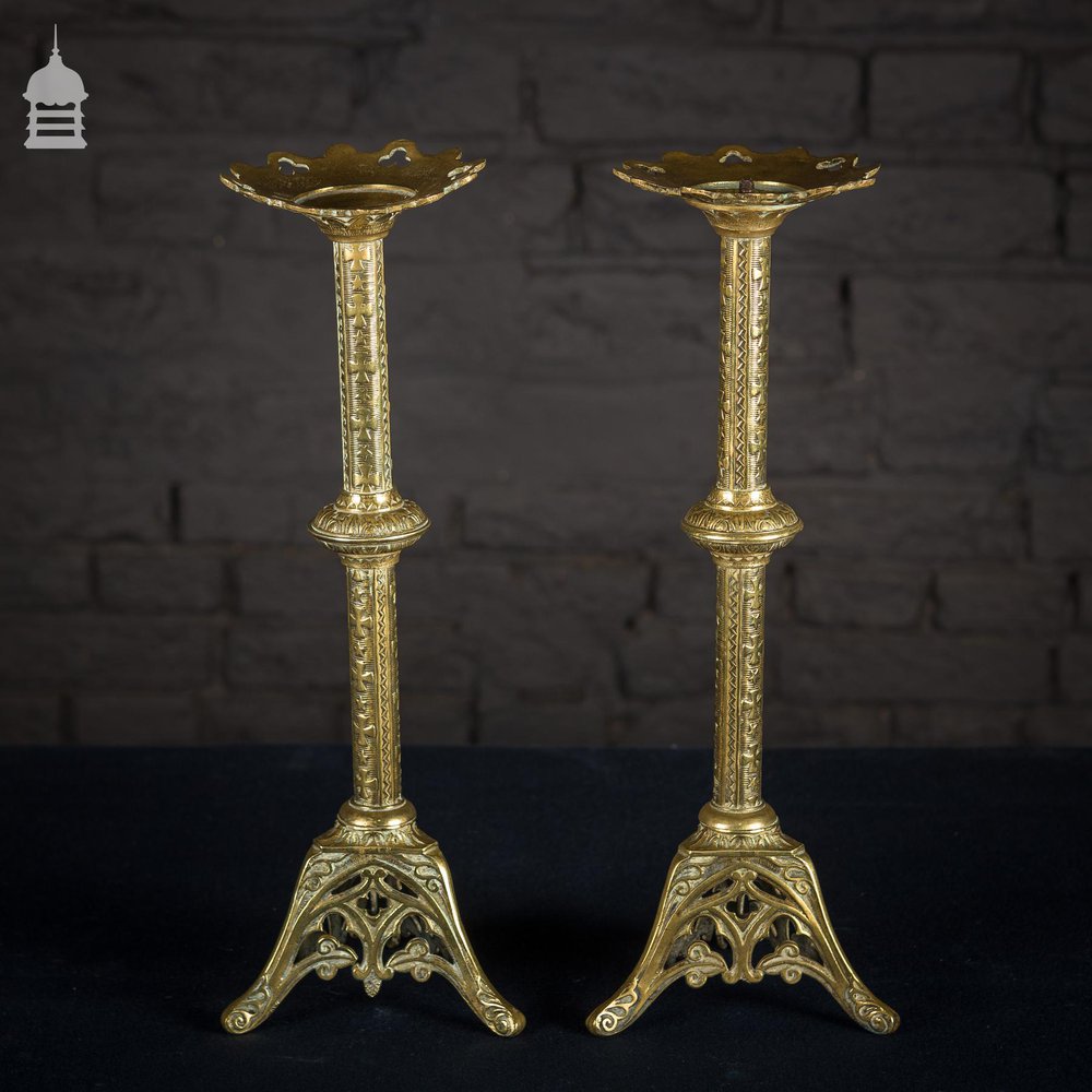 Pair of 19th C Brass Candle Stick Holders with Gothic Celtic Design