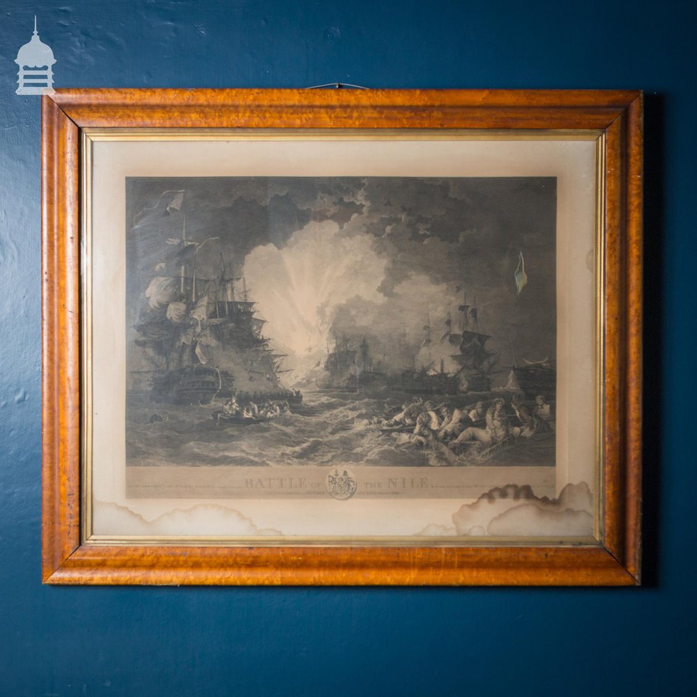 Georgian Engraving dated 1803 by James Fittler Depicting the 1798 Battle of the Nile in Painted Birdseye Maple Effect Frame