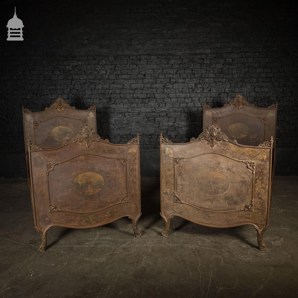 Pair of 19th C French Iron Single Beds with Dolphin Feet