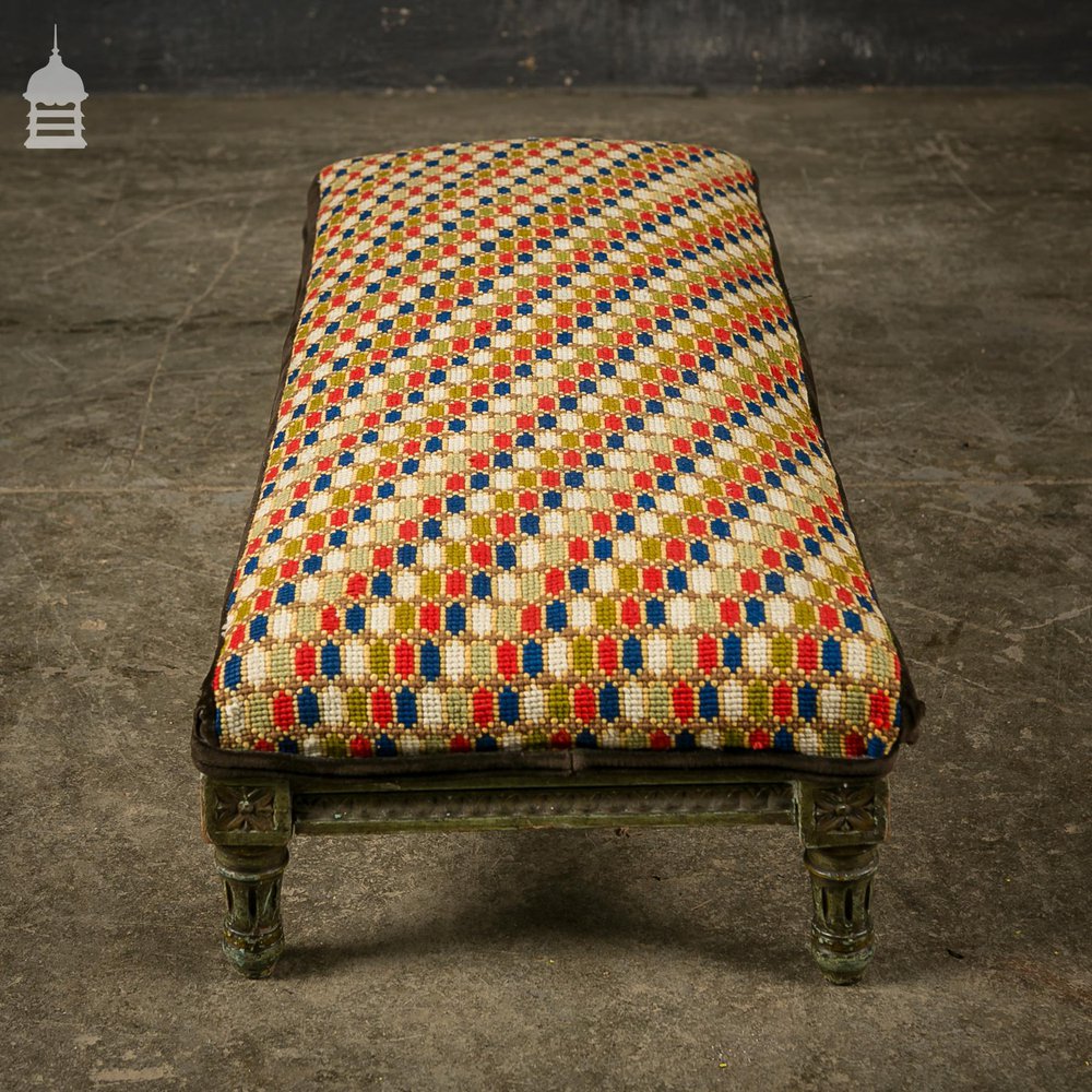 18th C Ornately Carved Hardwood Foot Stool with Colourful Upholstery