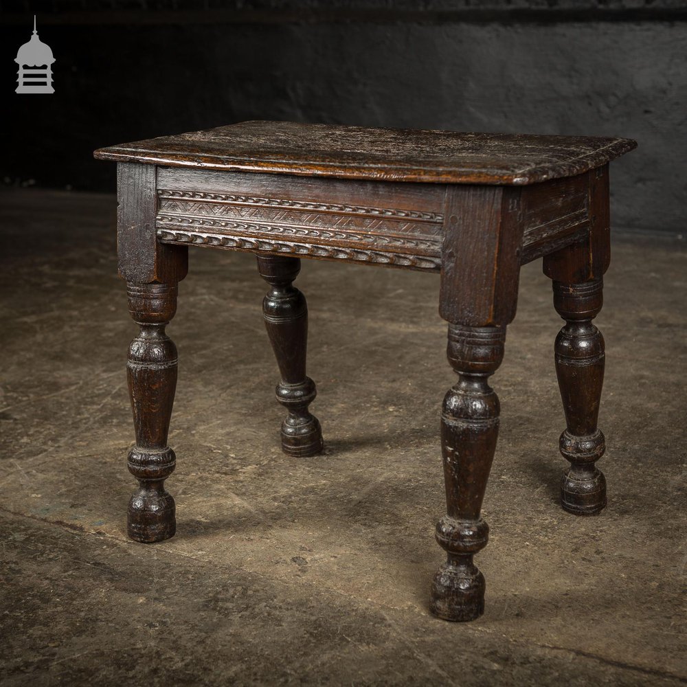 Small 17th C Carved Oak Stool with Turned Legs