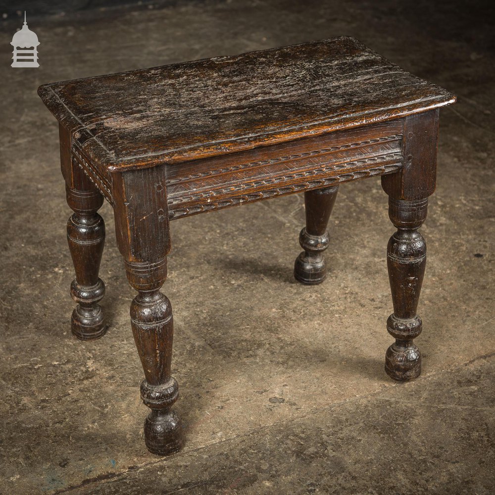 Small 17th C Carved Oak Stool with Turned Legs