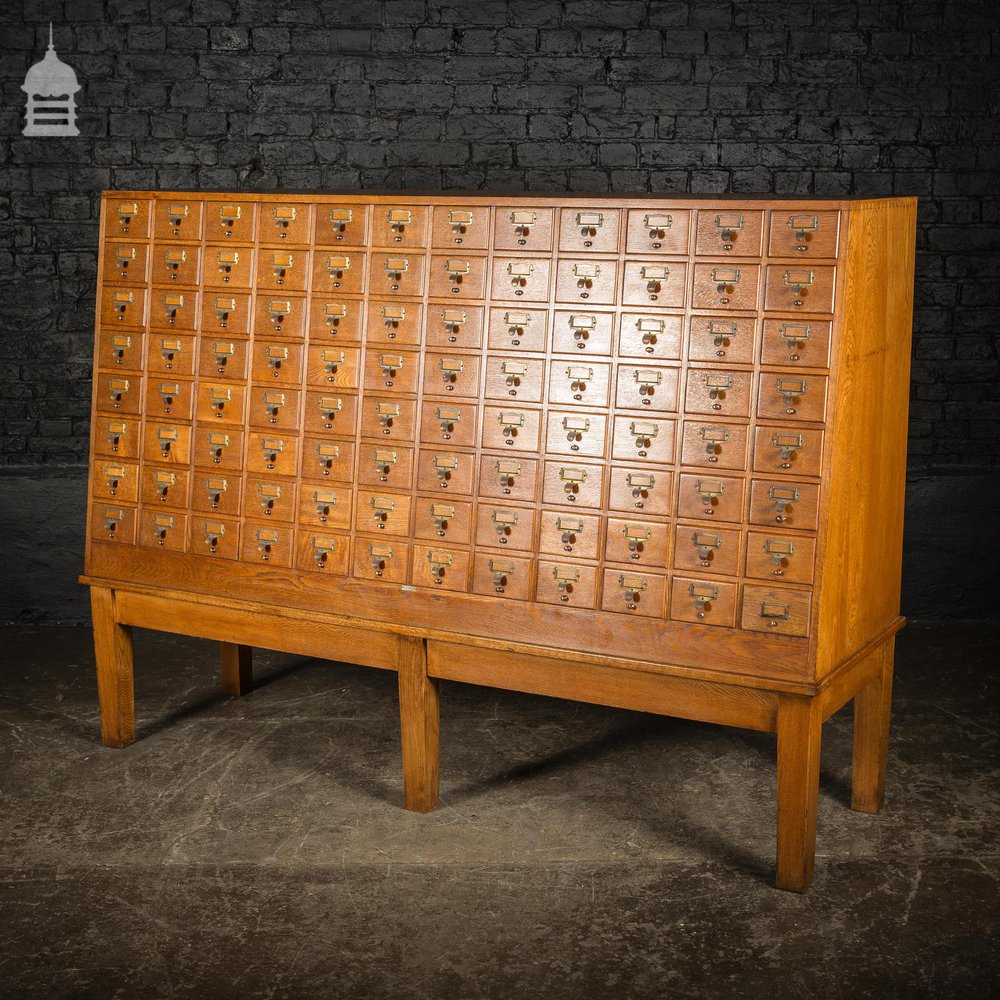 Mid Century Oak Libraco London 96 Drawer Pharmacy Index Card Filing Cabinet with Brass Finger Pulls