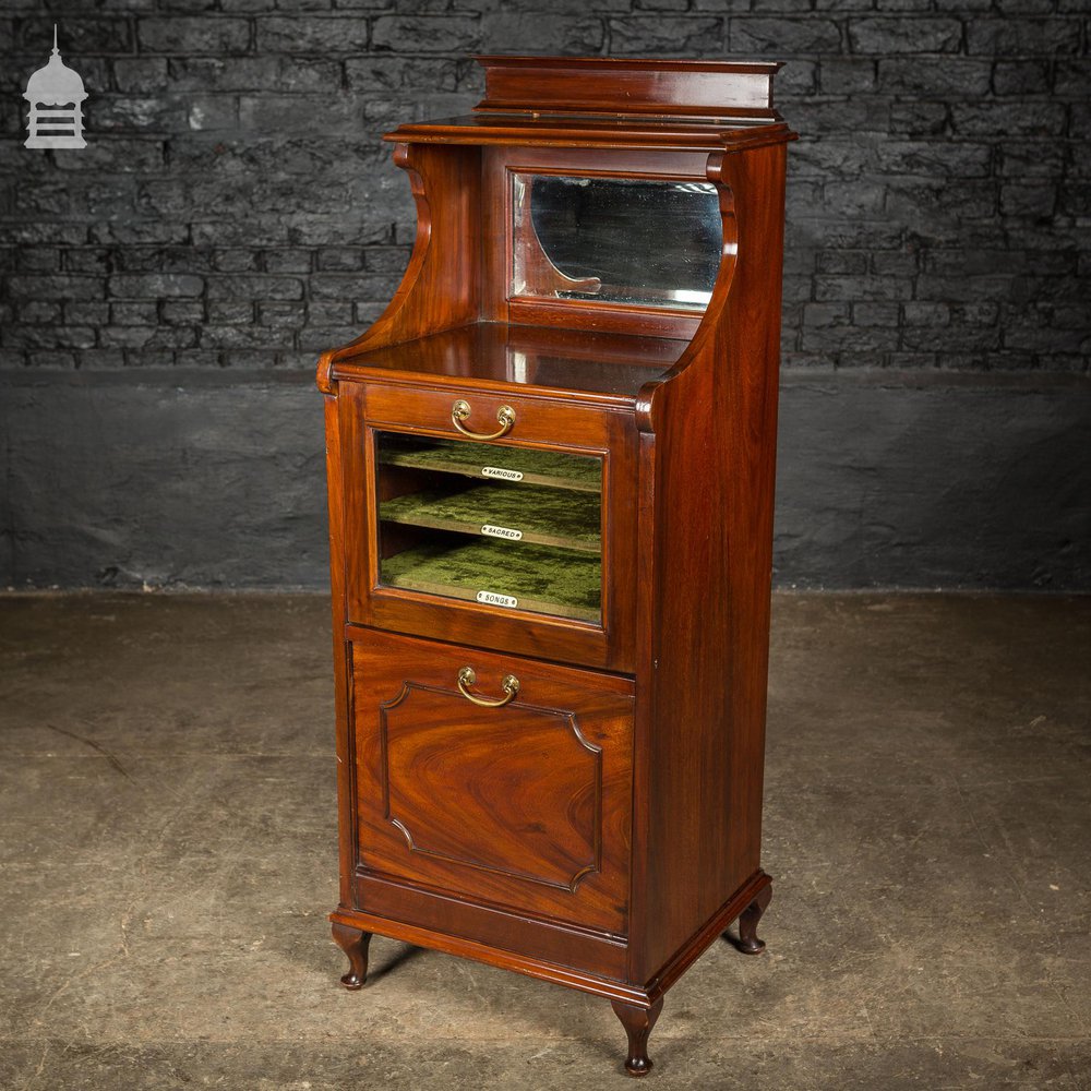 Edwardian Drop Front Glazed Mahogany Music Cabinet with Mirror