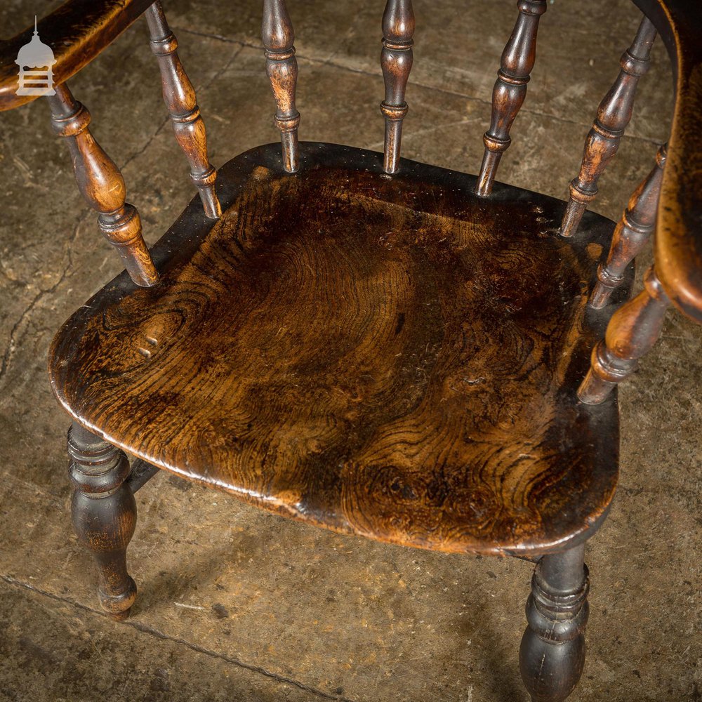 19th C Captains Bow Seat Smokers Chair with Turned Arm Supports and Double H Stretcher