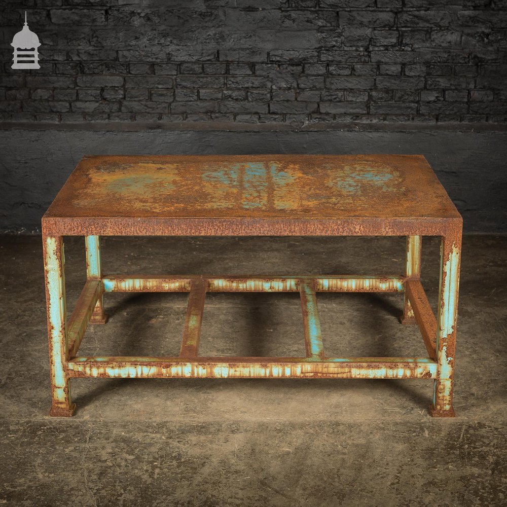 Industrial Box Section Low Level Worktable with Original Rusty Distressed Blue Paint Finish