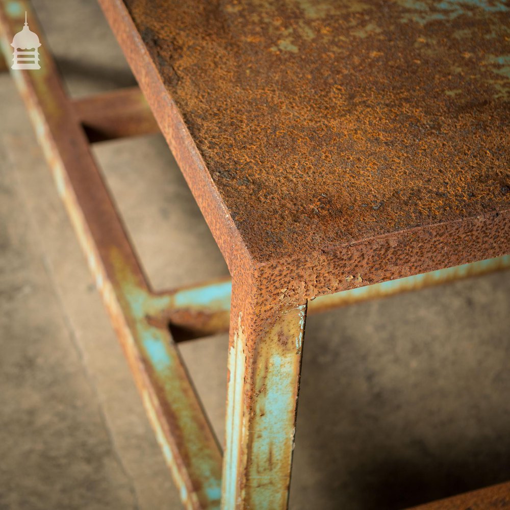 Industrial Box Section Low Level Worktable with Original Rusty Distressed Blue Paint Finish