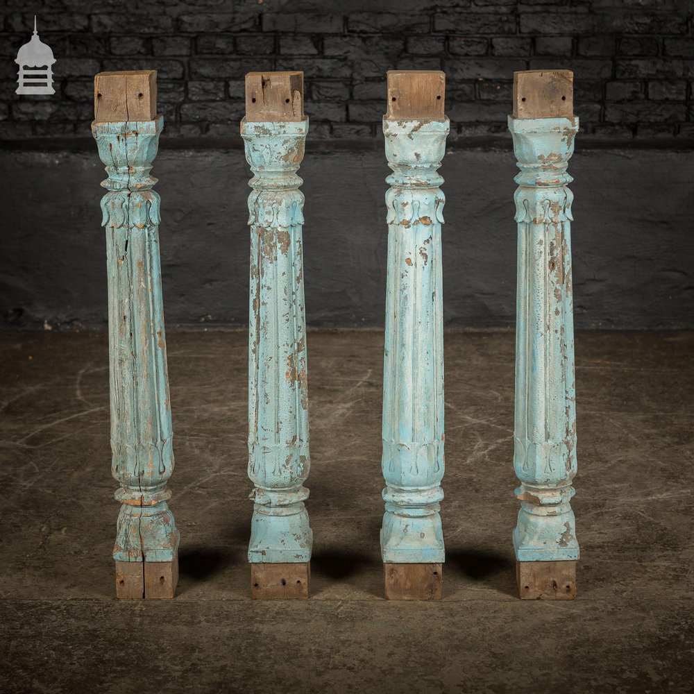Set of 4 19th C Blue Painted Reeded Hardwood Columns with Acanthus Leaf Detail
