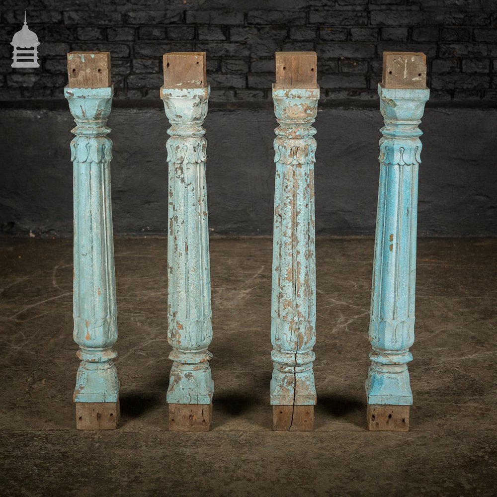 Set of 4 19th C Blue Painted Reeded Hardwood Columns with Acanthus Leaf Detail
