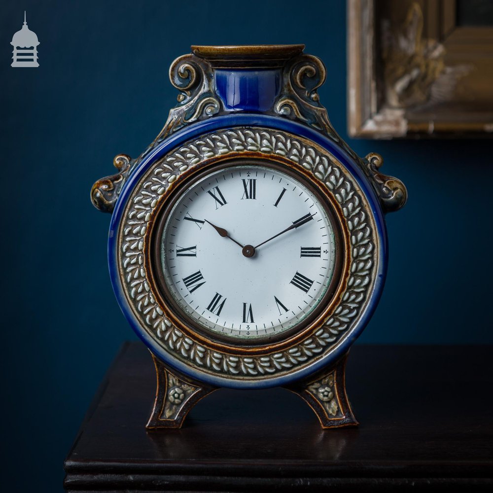 Rare 19th C Blue Glaze Doulton Lambeth Mantle Clock 1882