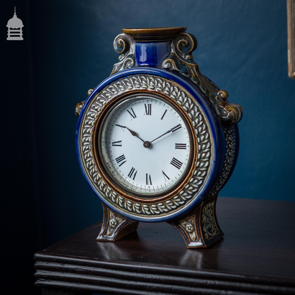 Rare 19th C Blue Glaze Doulton Lambeth Mantle Clock 1882