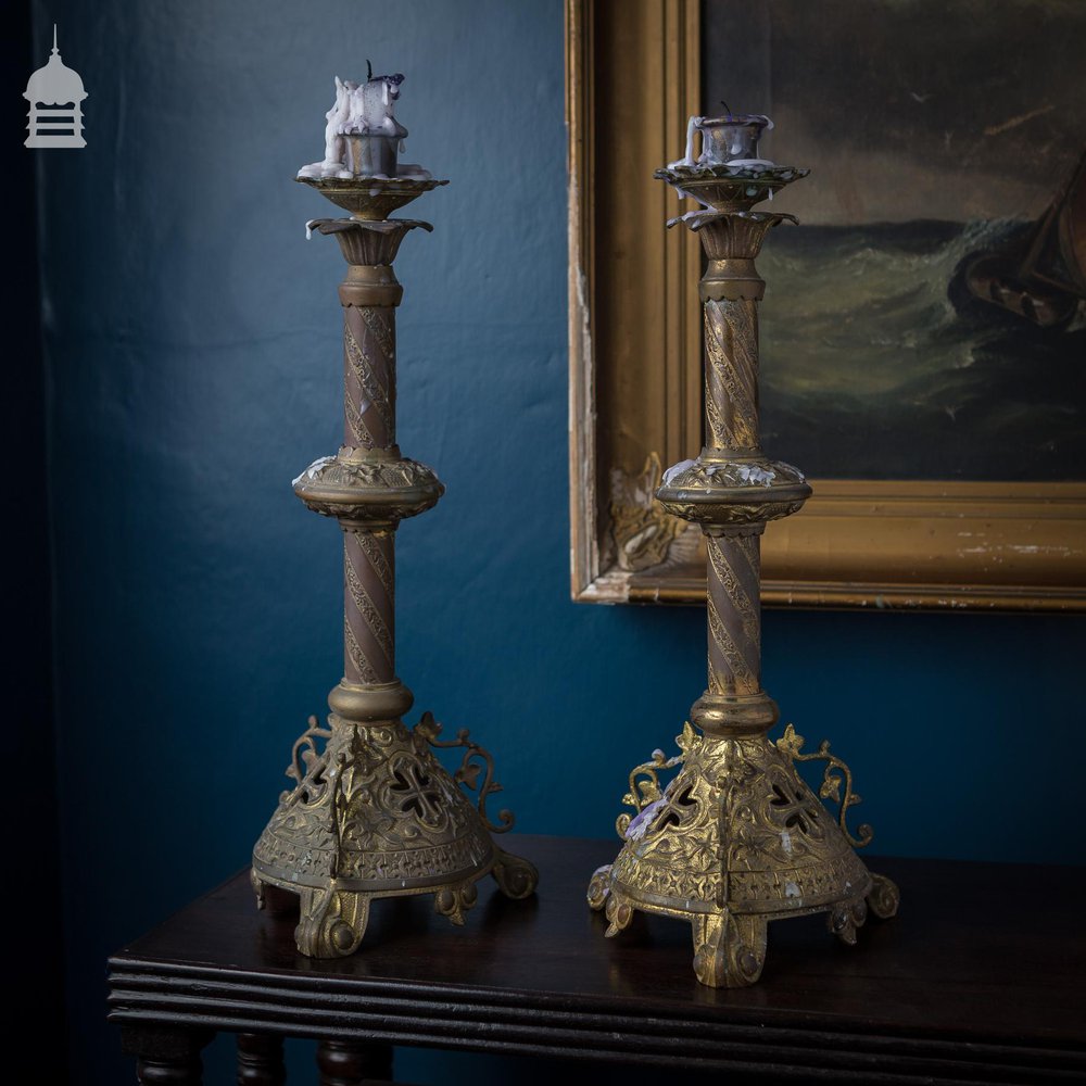 Pair of Victorian Ecclesiastical Brass Candlesticks