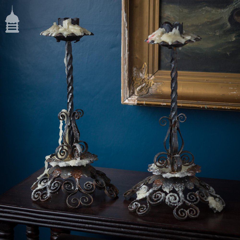 Pair Blacksmith made Wrought Iron Candlesticks with Scroll Design