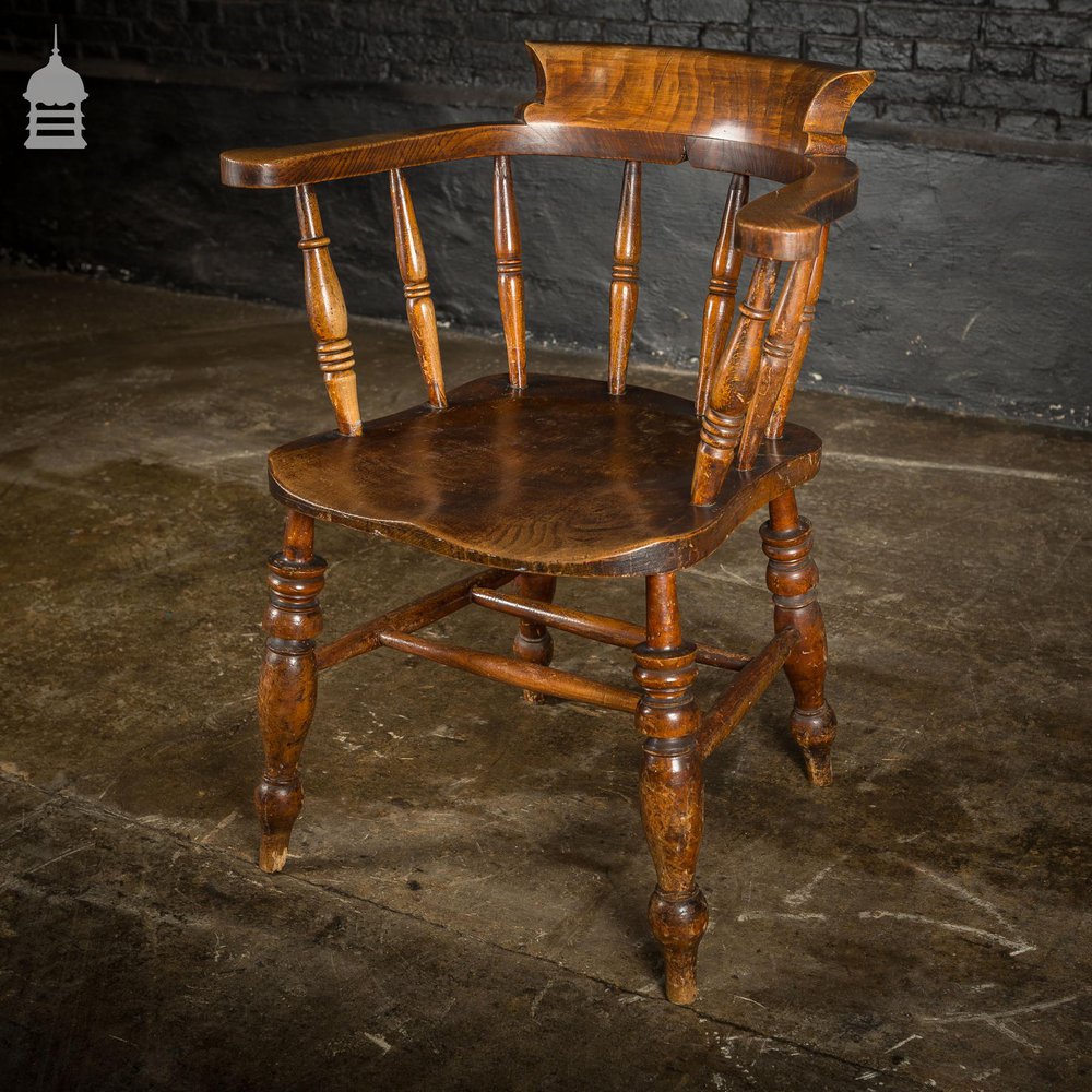 19th C Captain's Bow Seat Smokers Chair with Turned Arm Supports and Double H Stretcher