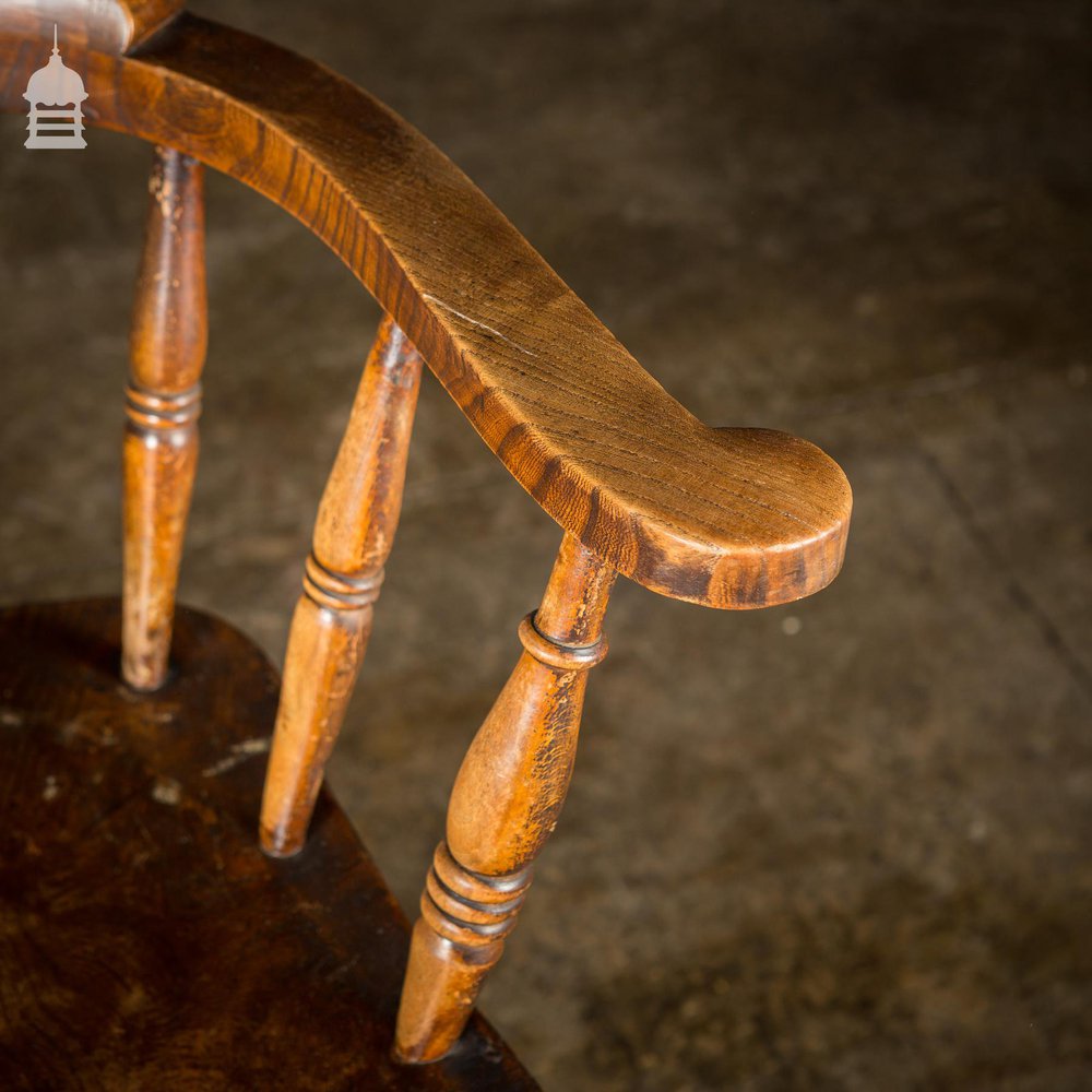 19th C Captain's Bow Seat Smokers Chair with Turned Arm Supports and Double H Stretcher