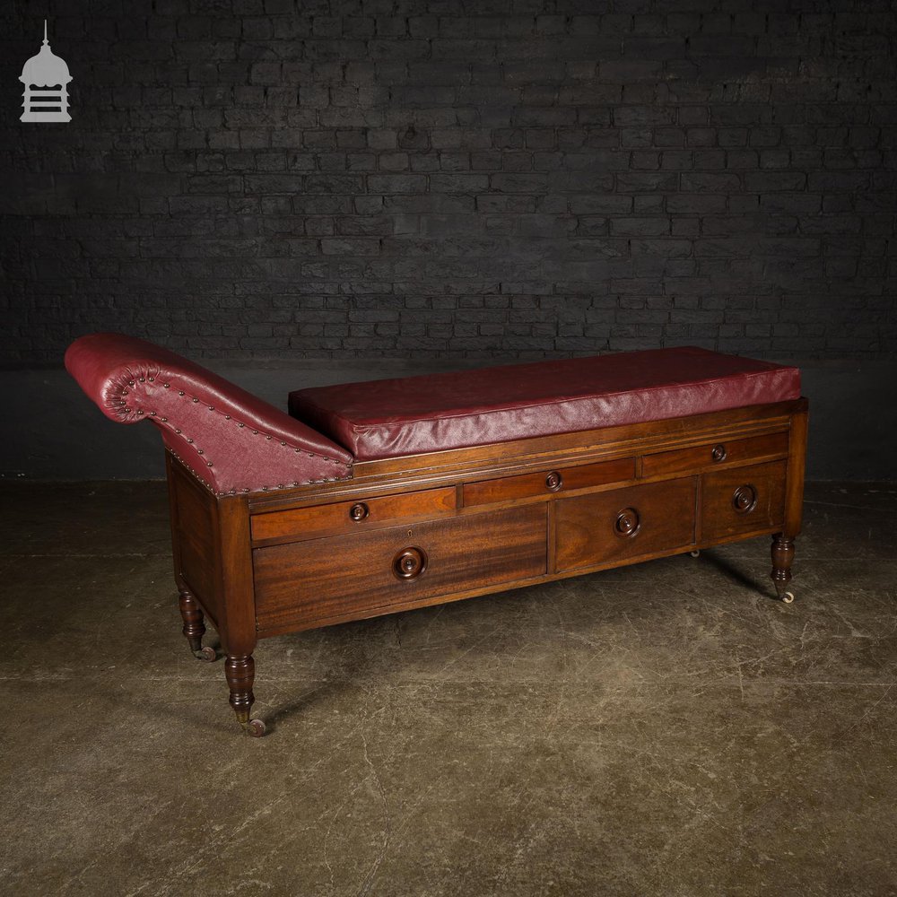 19th C Mahogany Therapists Couch with Drawers and Inset Handles