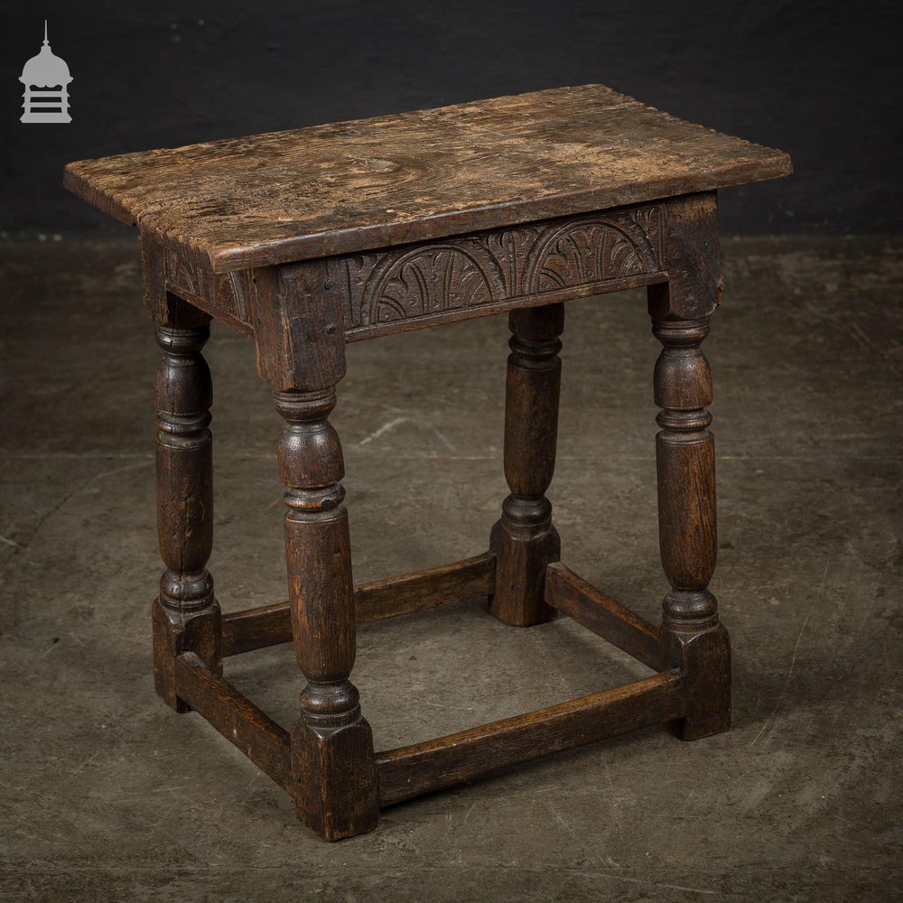 17th C Carved Oak Joint Stool with Turned Legs