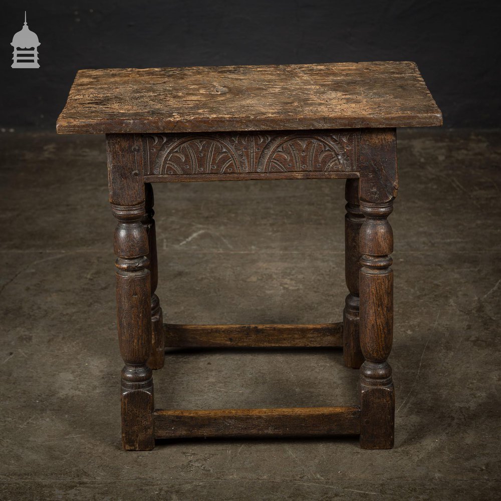 17th C Carved Oak Joint Stool with Turned Legs