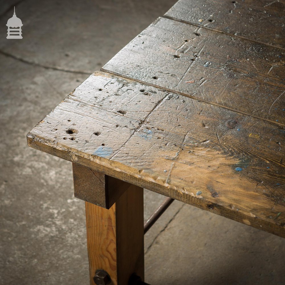 Vintage Industrial Pine Workbench Work Trestle Coffee Table