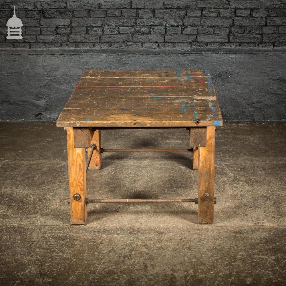 Vintage Industrial Pine Workbench Work Trestle Coffee Table