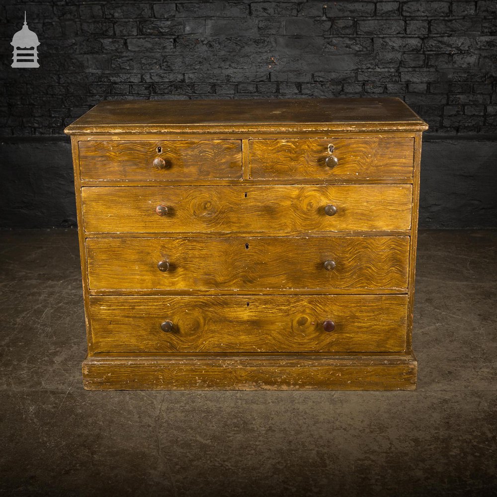 19th C Two Over Three Chest of Drawers with Graining Finish and Key