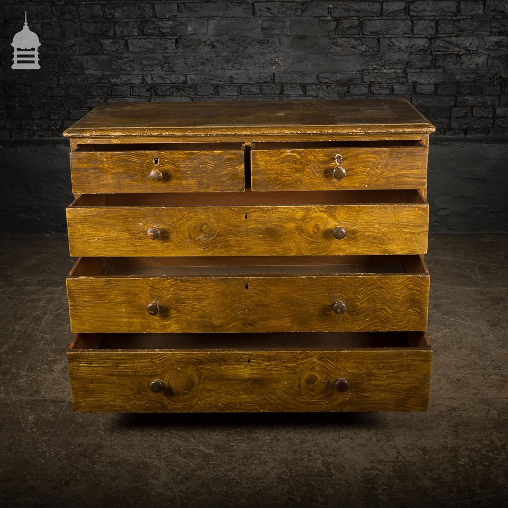 19th C Two Over Three Chest of Drawers with Graining Finish and Key