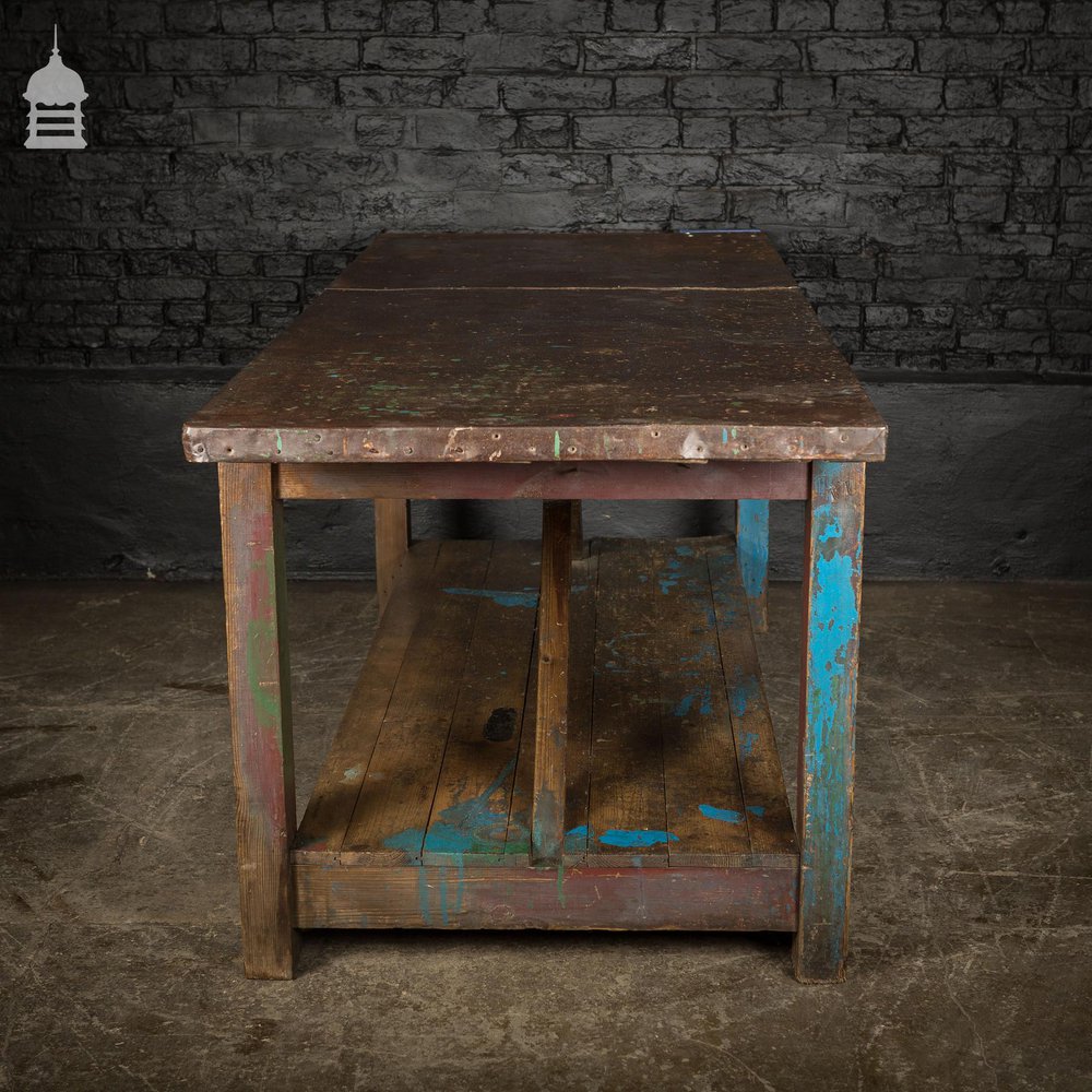 Industrial Blue Workshop Table Workbench with Steel Wrapped Top and Vice