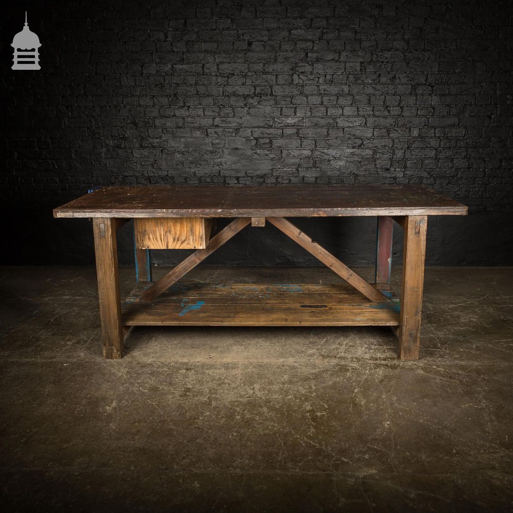 Industrial Blue Workshop Table Workbench with Steel Wrapped Top and Vice