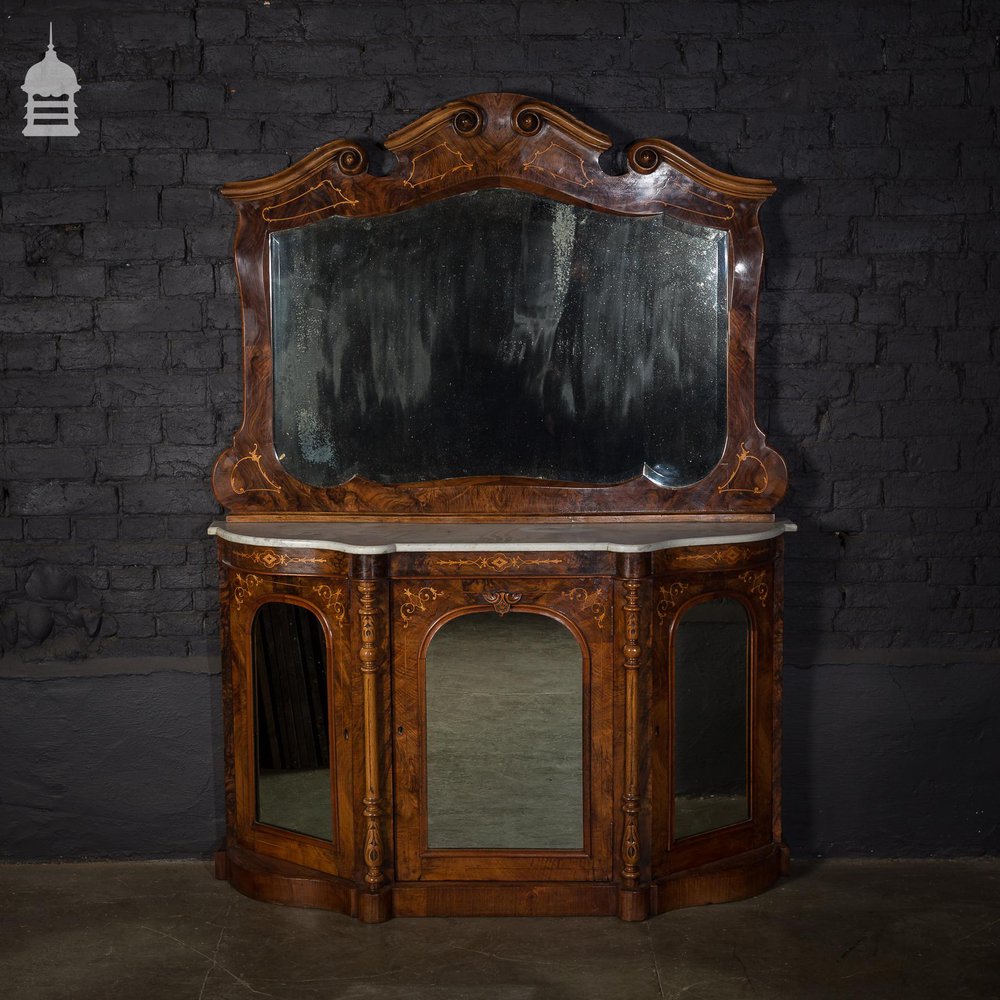 Stunning 19th C Inlaid Rosewood Marble Topped Credenza with Mirror Base and Raised Mirrored Back