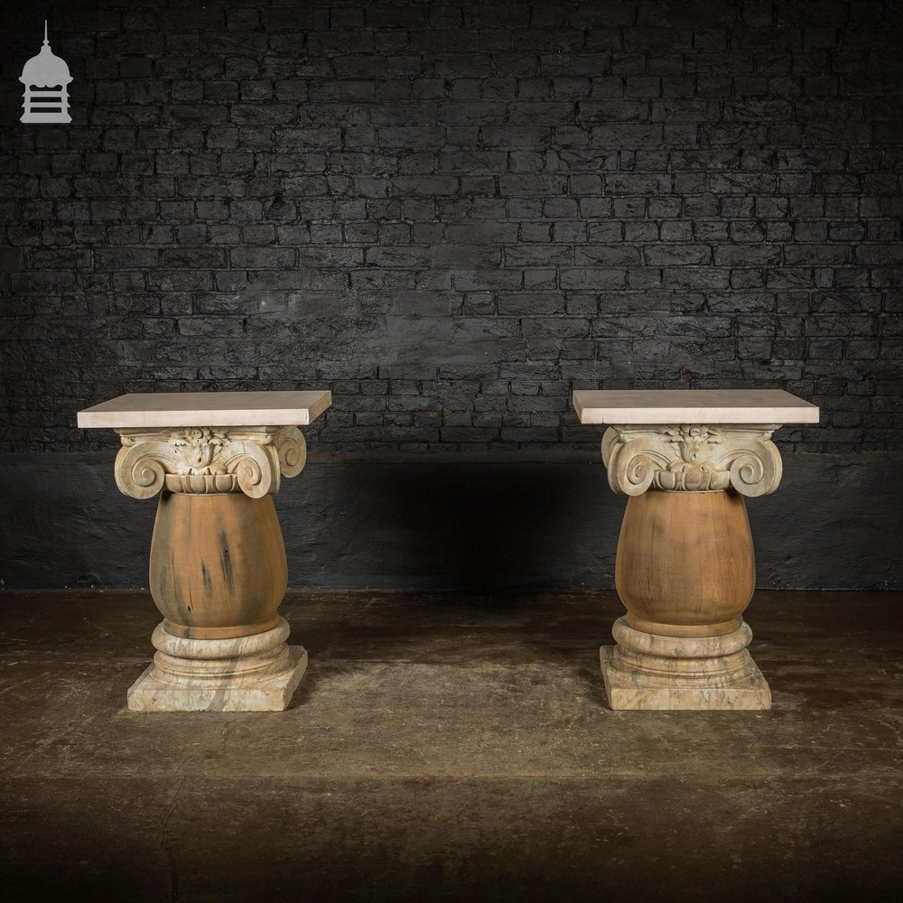 Pair of 19th C Marble Capitals Column Components with Reclaimed Hardwood Pillars Plinths