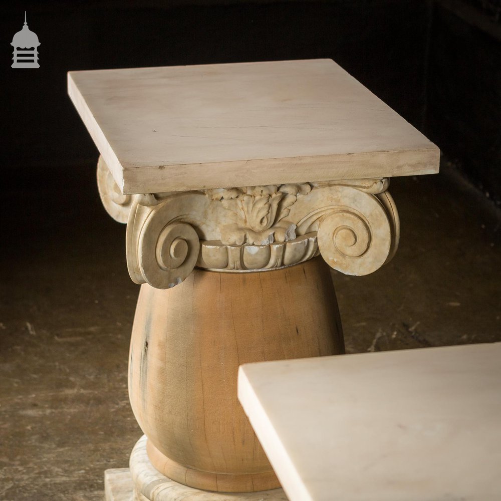 Pair of 19th C Marble Capitals Column Components with Reclaimed Hardwood Pillars Plinths