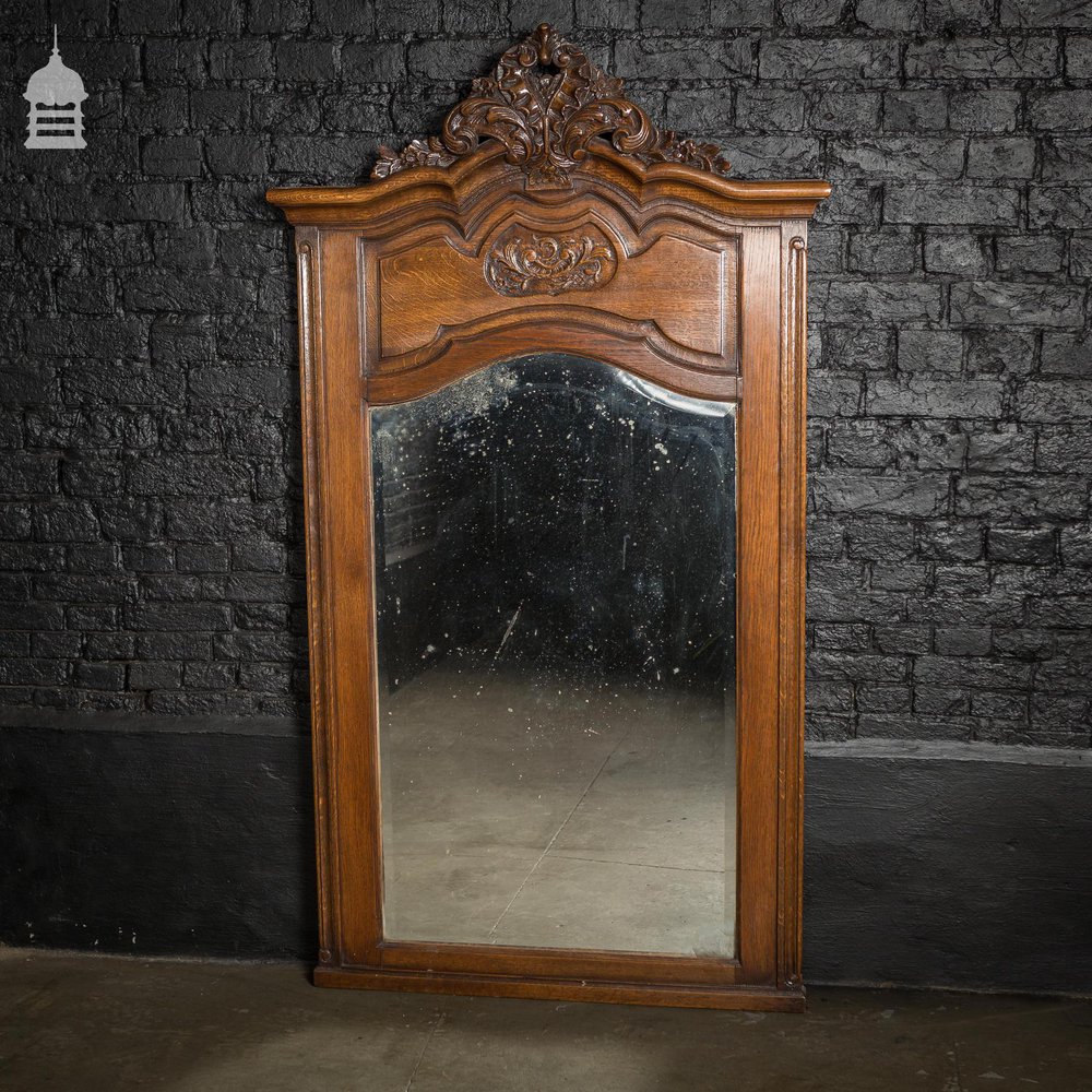 19th C English Plate Mirror with Carved Oak Frame