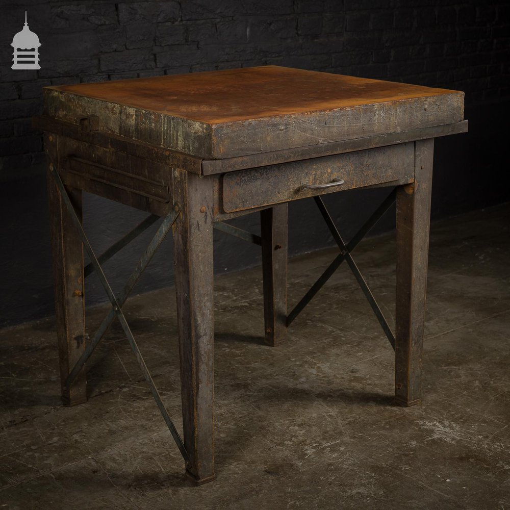Vintage Industrial Surface Table with Thick Steel Top and Drawer
