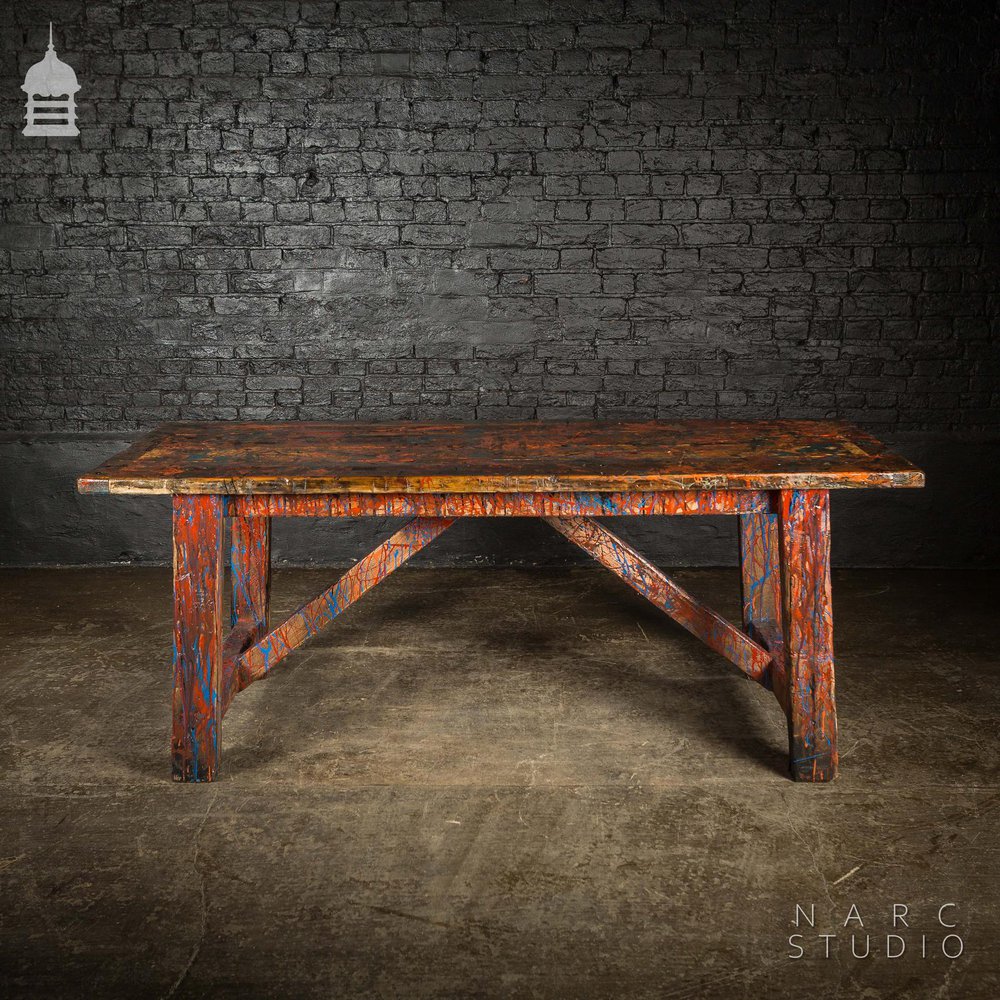 NARC STUDIO Pine Splay Leg Trestle Table With Abstract Painted Finish