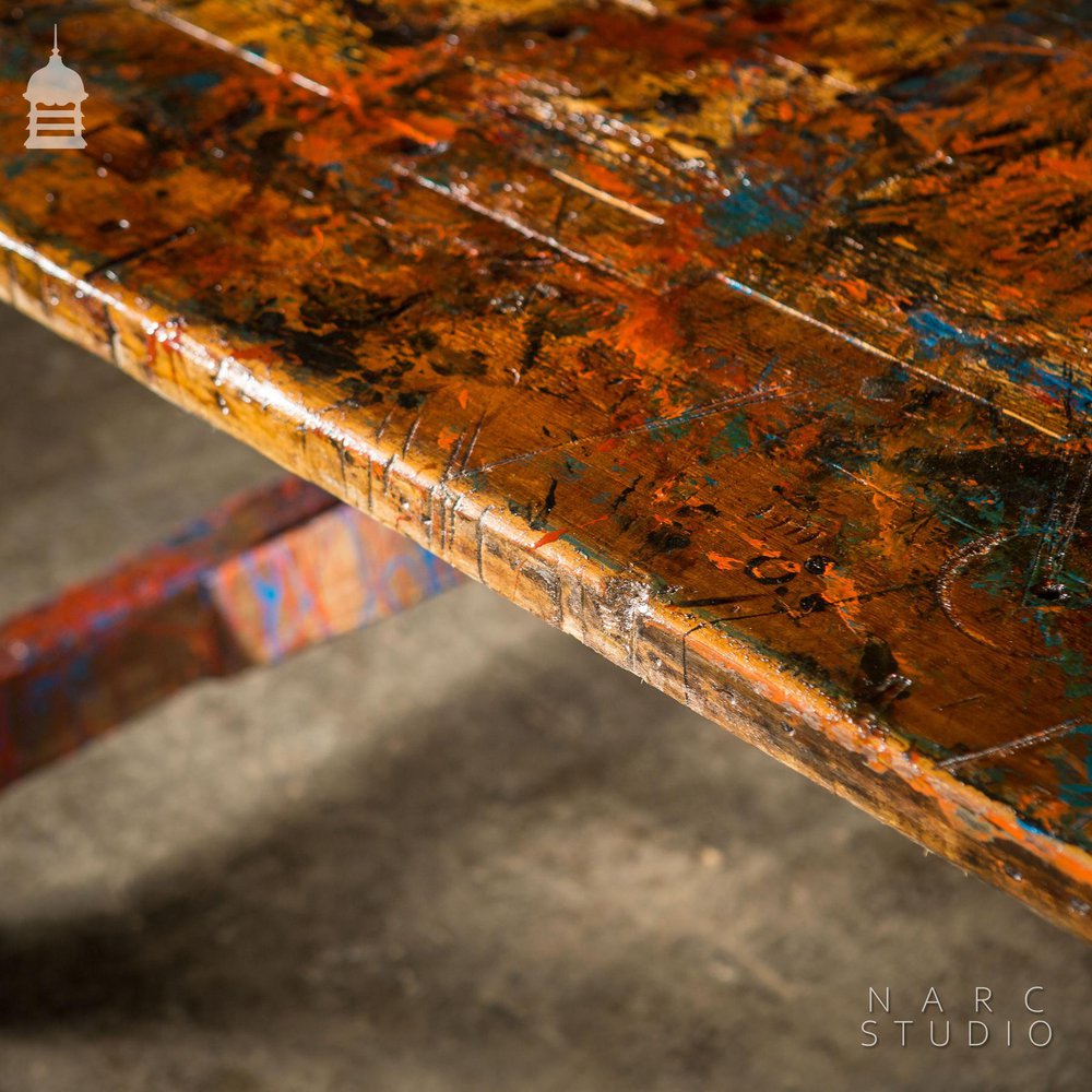 NARC STUDIO Pine Splay Leg Trestle Table With Abstract Painted Finish