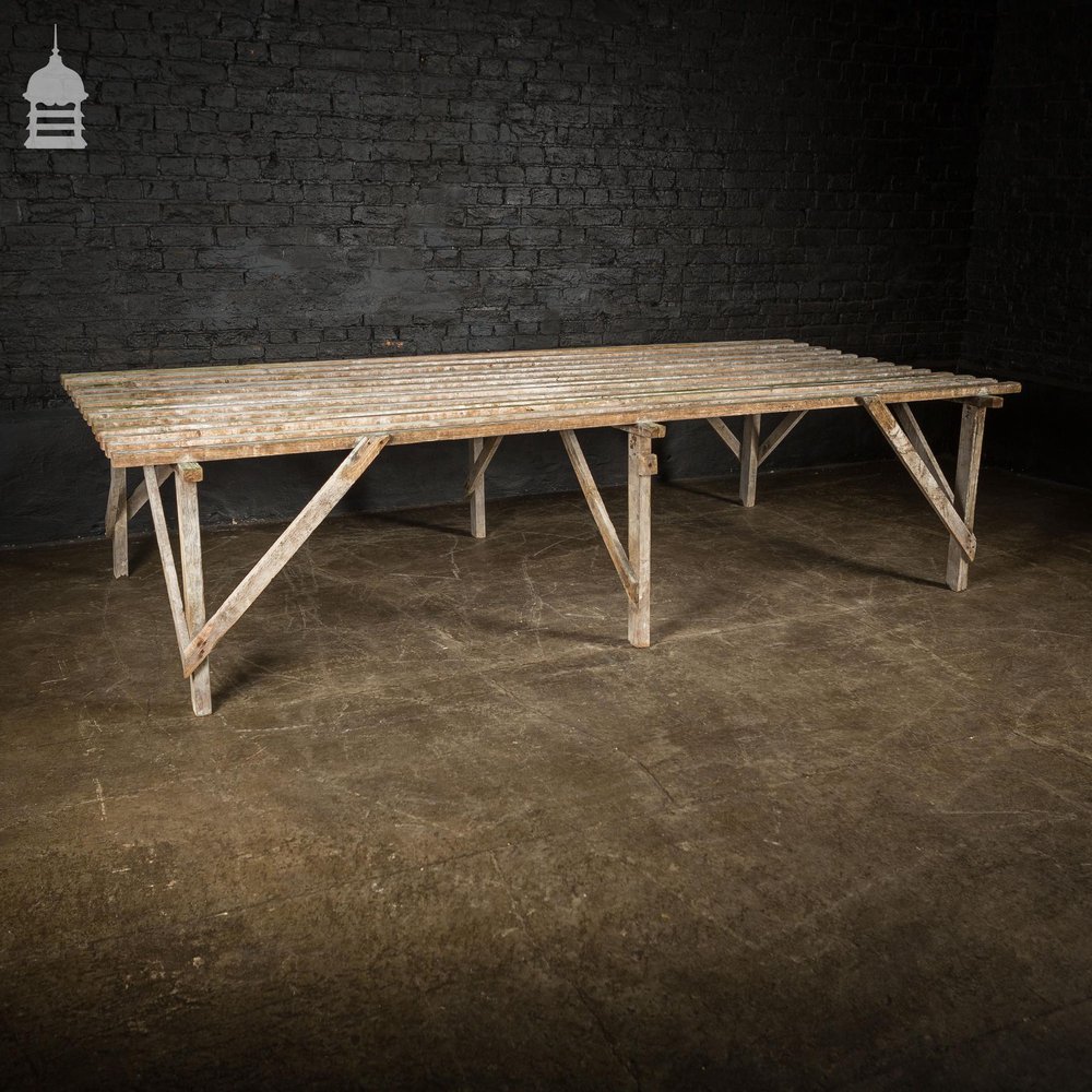 Bygone Slatted Pine Workbench Table with White Washed Finish