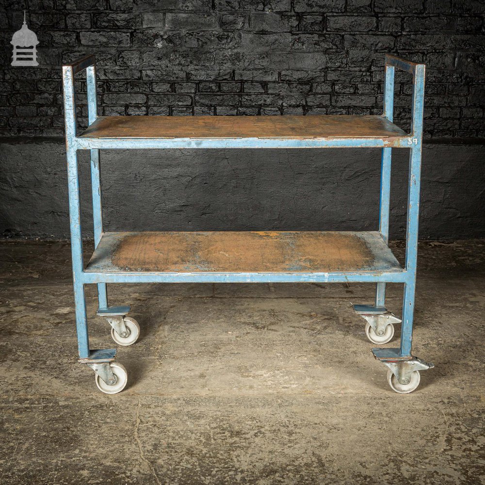 Vintage Industrial Blue Steel Wheeled Trolley Mobile Shelving Unit