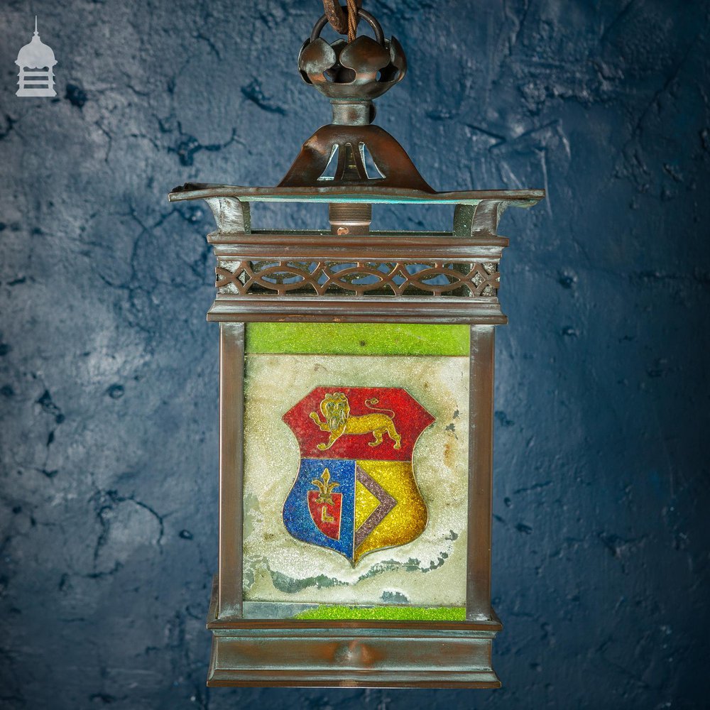 19th C Arts & Crafts Copper Lantern with Heraldic Shield Coloured Glass