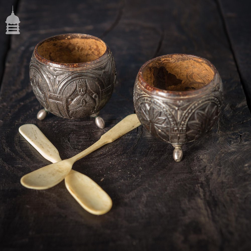 Pair of Antique South East Asian Carved Coconut Cups On Silver Feet