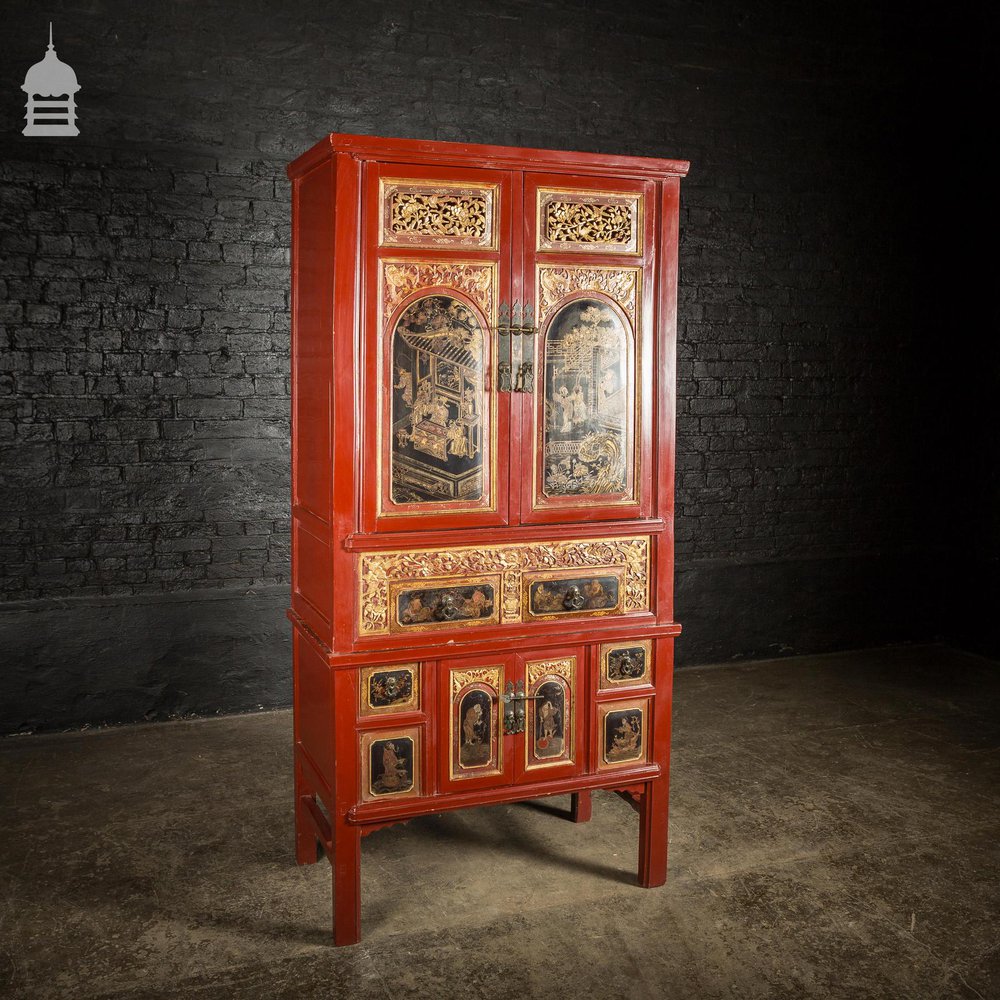 19th C Detailed Chinese Red Lacquer Cabinet