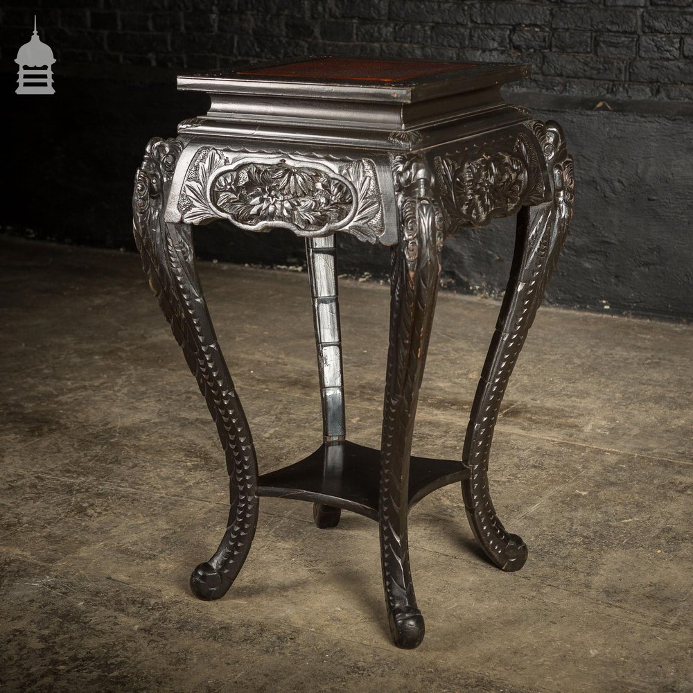 Dark Finish Anglo Indian Jardinière Stand with Leather Top