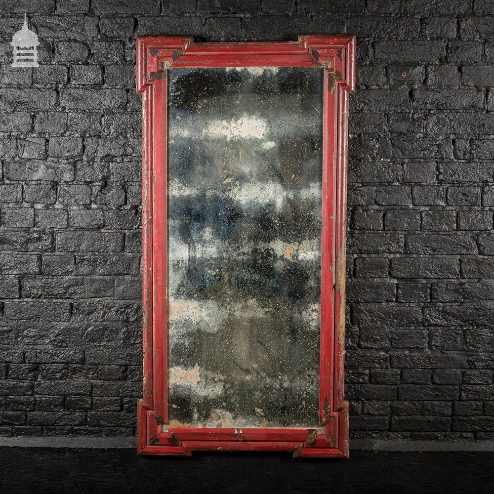 Distressed 19th C Plate Mirror with later Red Painted Frame