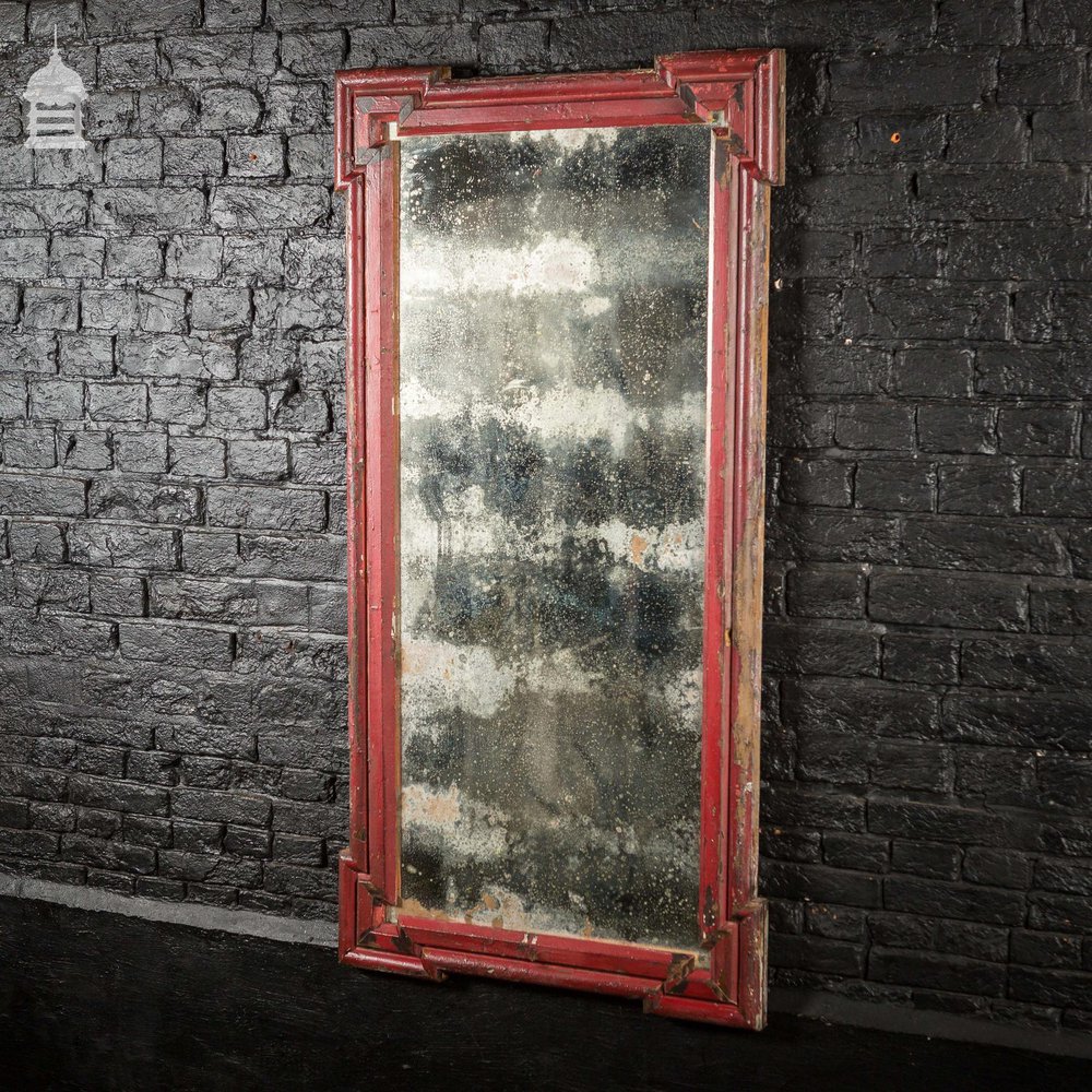Distressed 19th C Plate Mirror with later Red Painted Frame