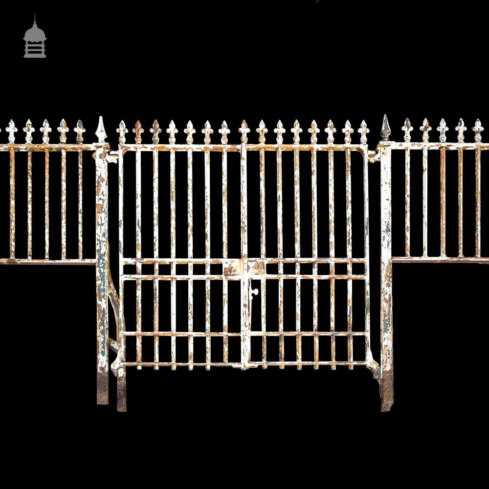 50ft Run of 19th C Cast Iron Entrance Gates and Railings with Fleur De Lis Details