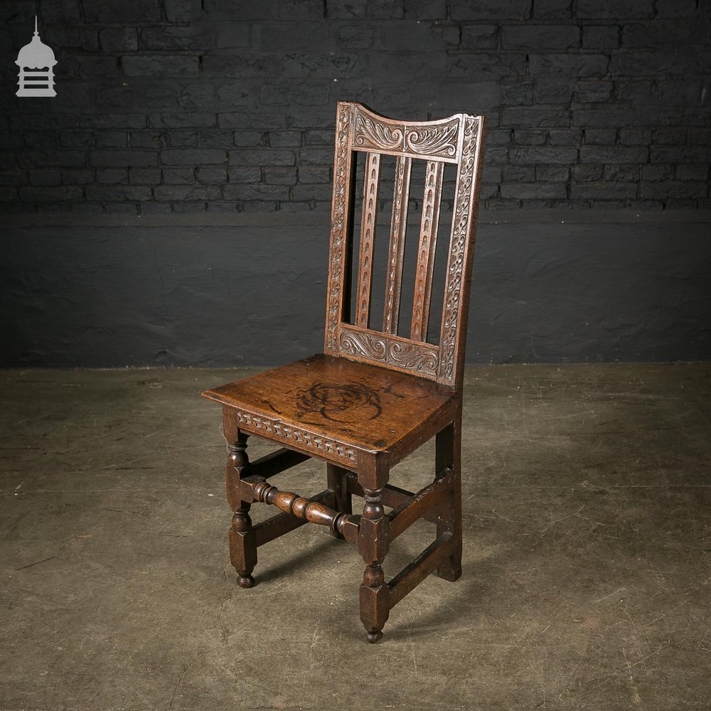18th C Oak Chair with Ornate Hand Carved Detail and Single Plank Seat