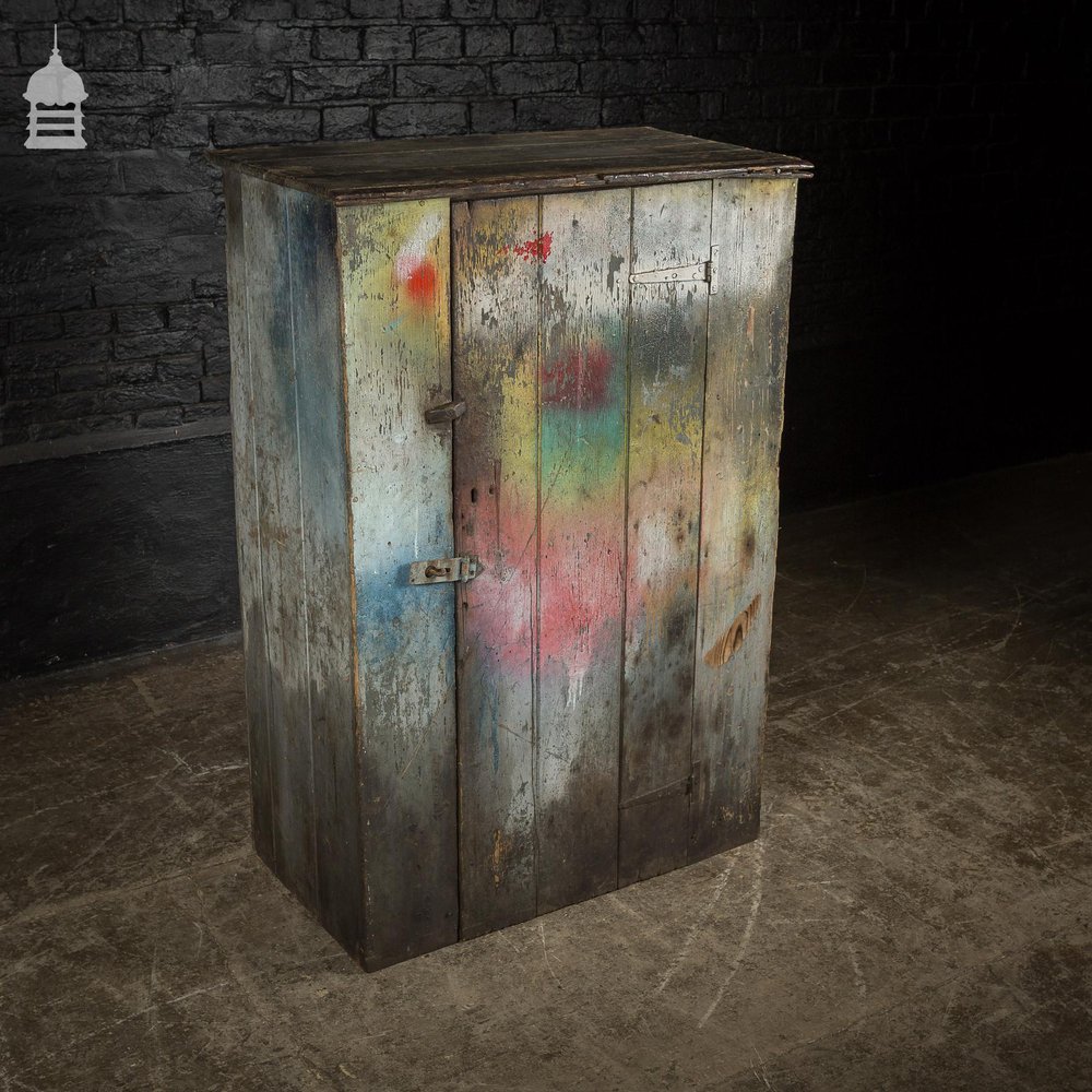 Industrial Pine Workshop Cupboard Cabinet with Distressed Paint