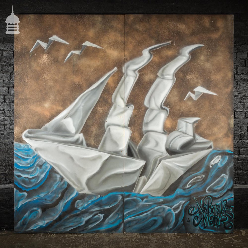 Large 2 Panel Graffiti Street Art of Origami Paper Ship by Artist Airborne Mark
