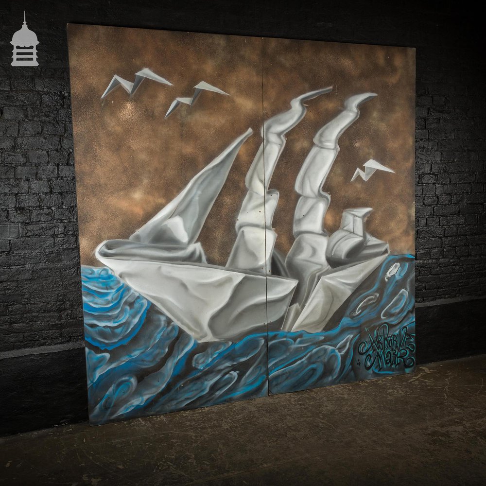 Large 2 Panel Graffiti Street Art of Origami Paper Ship by Artist Airborne Mark
